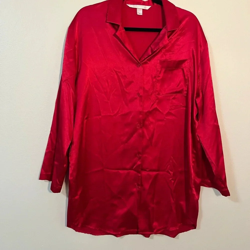 Vintage 90s-00s Victoria Secret Red Silky Satin Sleep Shirt Size Medium Y2K Sexy